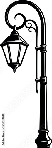 Black and white illustration of a traditional victorian style street lamp post with a curved arm and ornate details