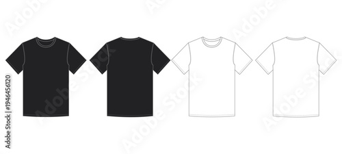 Basic Crew Neck T Shirt Front and Back View Black and Outline Apparel Vector Template