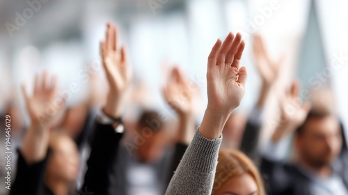 People in an audience raising hands, asking a question, expressing opinion, or showing participation during a business conference

