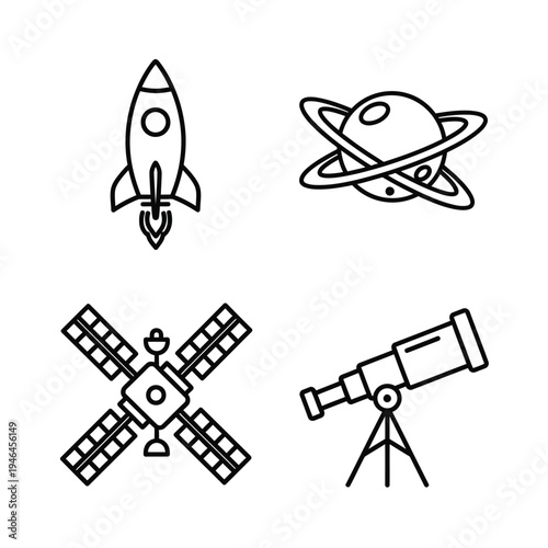 Modern minimalist linear vector icons depicting a rocket launching, Saturn with rings, a satellite, and a telescope on a tripod, ideal for space exploration themes.