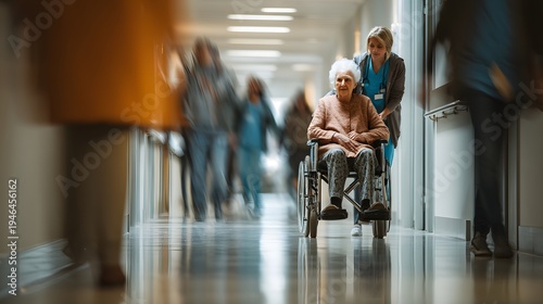 Elderly Woman in Wheelchair Within Busy Hospital Corridor Scene
