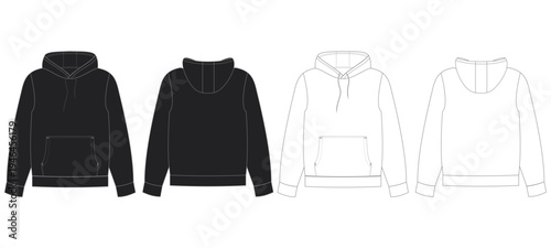 Pullover Hoodie Front and Back View Black and Outline Apparel Vector Template