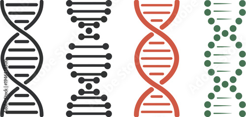 DNA Double Helix Vector Icons Set in Black Red and Green Colors Scientific Genetic Symbol Collection Molecular Biology Emblems Isolated Illustrations for Medicine Research Technology Education Design
