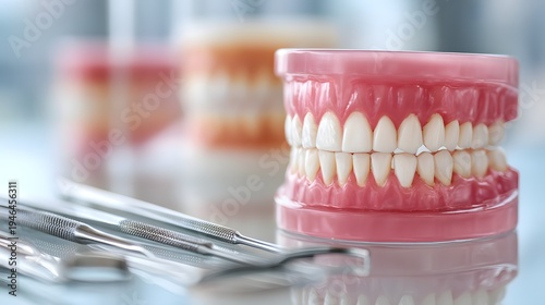 Detailed Close-Up of Dental Model and Instruments for Oral Health