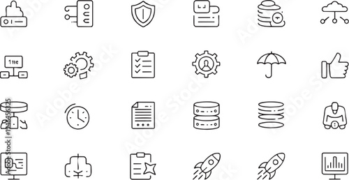Technology and business management icon set. Contain icons related to cloud computing, task management, checklist, analytics, data storage, digital service and more. Editable stroke. Vector Illustrati