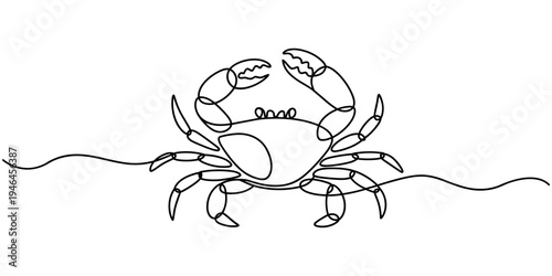 One line drawing of crab minimal sea animal illustration for marine art design, sea crab animal on the beach continuous one line drawing vector seafood illustration, Crab in continuous one line draw