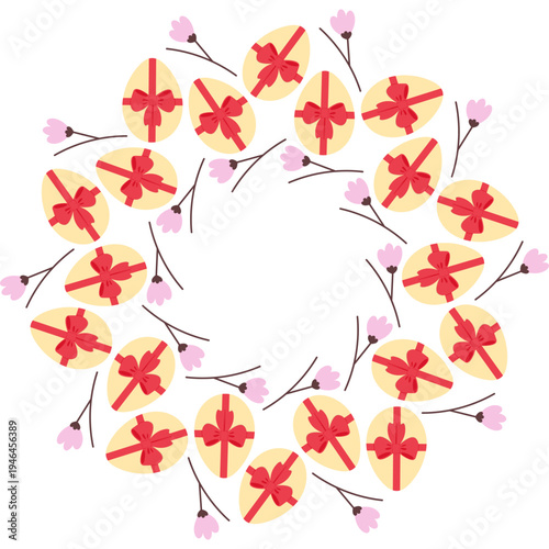 Circle Frame border with Easter Eggs ribbon bow and blossom twigs Minimalist Flat Copyspace Template. Vector illustration Easter Greetings or Social media post Thematic sample, leaflet, banner, label