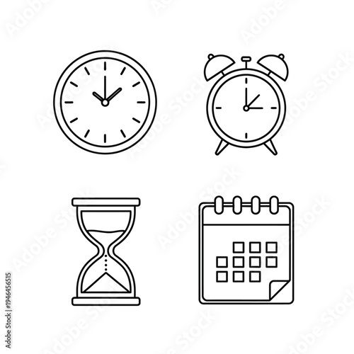 Minimalist outline icons of four distinct timekeeping devices wall clock, alarm clock, hourglass, and calendar, presented on a clean white background in a modern graphic style.