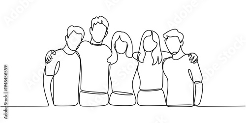 Single continuous line drawing about group of men and woman from multi ethnic standing together to show their friendship bonding. Unity in diversity concept. one line Icon drawing