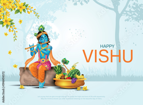 Happy vishu greetings. fruits decoration bowl. Kerala vishu festival vishukkani design. Creative vector illustration.
