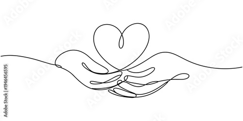 Continuous one line drawing of hands holding a heart symbol, a minimalist black and white illustration representing love, care, charity, and support in a simple, elegant style