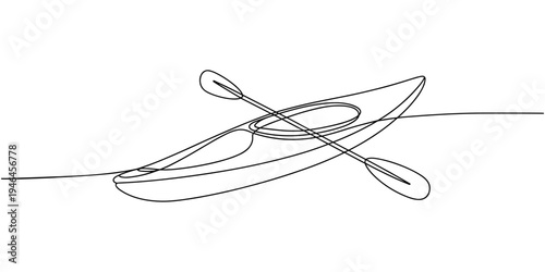 Single continuous line drawing canoe trails and rafting club with kayaking equipment, boat icon continuous one line drawing, kayak canoe rowboat sailboat yacht isolated on white background vector.