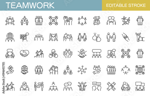 チームワークやビジネスに関するラインアイコンセット（線幅変更可能）