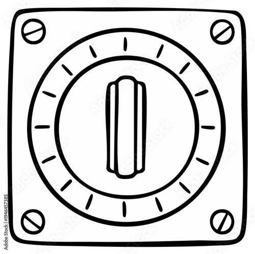 Control panel dial switch with indicator in a square frame, indicating position in a doodle cartoon style illustration, analog, control device