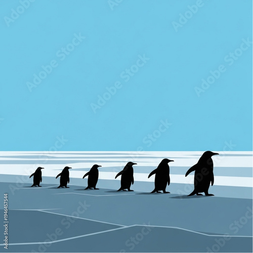 Group of Penguins Walking in Line.
