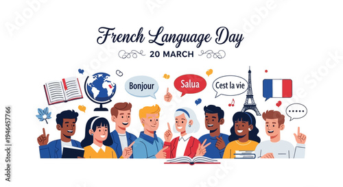 Illustration of diverse people celebrating French Language Day with vector design elements and typography on a white background.