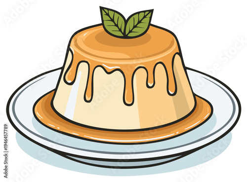 Cartoon dessert illustration of caramel pudding on a white plate, topped with mint