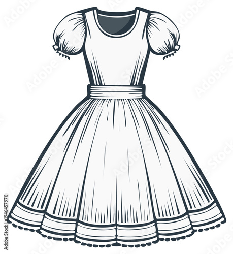 Elegant dress illustration with puff sleeves and flared skirt design drawing perfect for fashion industry designs or textile pattern inspiration