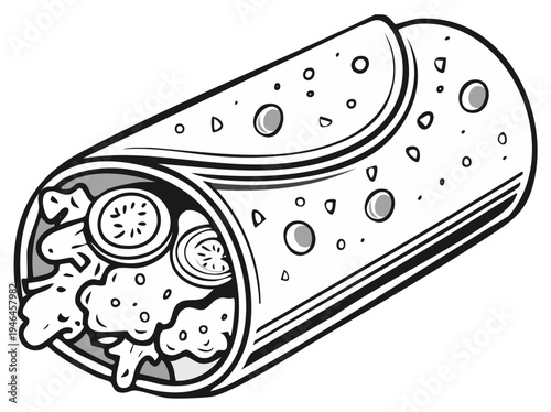 Black and white illustration of a burrito or wrap with visible fillings in a wrapper