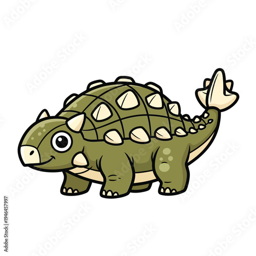 Adorable green Ankylosaurus dinosaur character with armor plates and tail club, depicted in a charming and friendly cartoon style on a clean white background, perfect for children's educatio