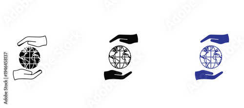  Minimalist Line Art Hands Protecting Earth Globe, Environmental Care and Sustainability Vector Icon Set, Global Ecology Protection Outline Illustration, Clean 2pt Stroke Design for Earth Day
