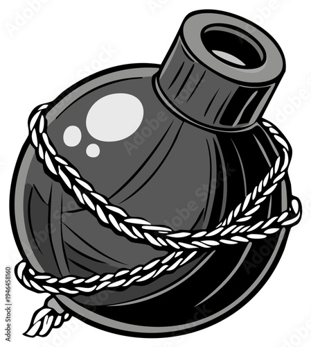Cartoon illustration of a black bomb with a rope tied around it in a knotted loop