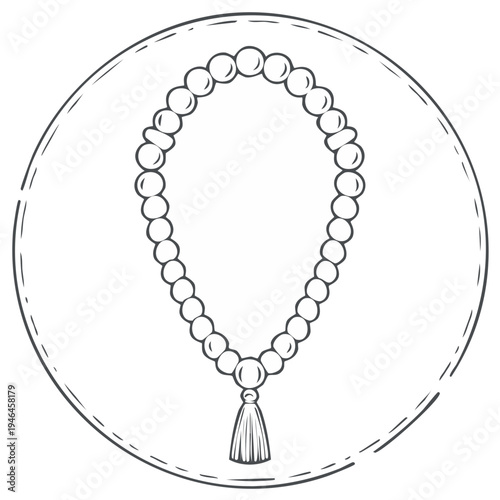Islamic Prayer Beads Tasbih with Tassel Hand Drawn Sketch Inside Circle