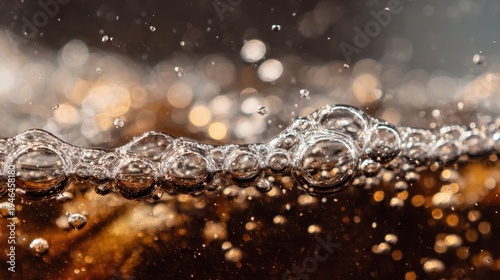 Close-up macro shot of sparkling carbonated drink with rising bubbles and reflections.