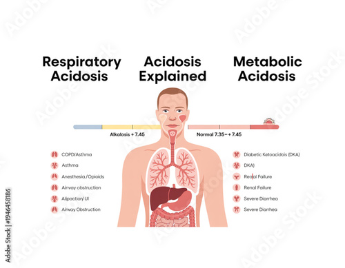 An educational vector graphic illustrating the human respiratory system and acidosis explained on transparent background