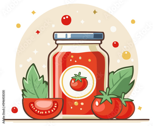 Tomato Sauce Jar with Fresh Tomatoes and Basil Leaves Illustration