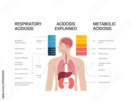 A medical illustration of the human body explaining acidosis on transparent background
