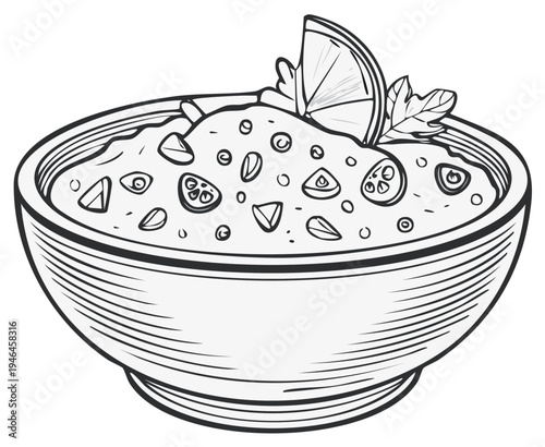 Hand-drawn sketch of Mexican cuisine bowl. Guacamole illustration with lime slice garnish close-up. Traditional dish vector art.