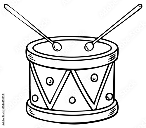 Hand Drawn Outline Drum with Drumsticks Musical Percussion Instrument