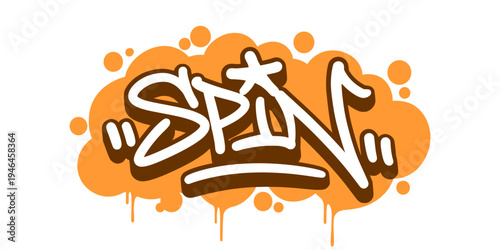 Spin Word Graffiti Tag with Bubble Letter Effect and Orange Drip for Urban Basketball Street Art Branding.