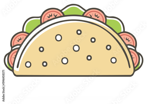 Colorful Mexican taco with crisp lettuce and sliced tomatoes simple clean flat design icon