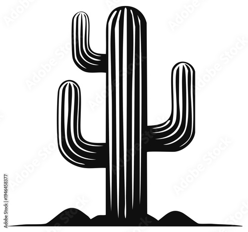 Stylized Saguaro Cactus Silhouette with Desert Ground Line Art