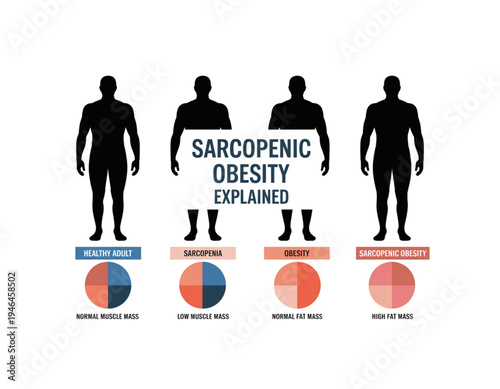 A vector graphic illustration explaining sarcopenic obesity with human silhouettes and pie charts on transparent background