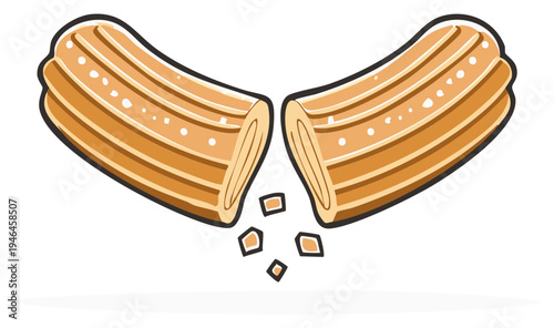 Crispy churro broken in half with sugar pieces falling on white background illustration