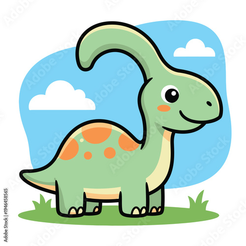 Adorable cartoon Parasaurolophus dinosaur with orange spots, standing happily on green grass under a blue sky with fluffy white clouds, in a cute, simple, stylized, vector art.