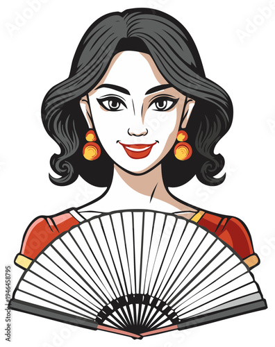 Elegant brunette woman with fan, wearing traditional dress and earrings, vector illustration, vibrant colors, confident and radiant