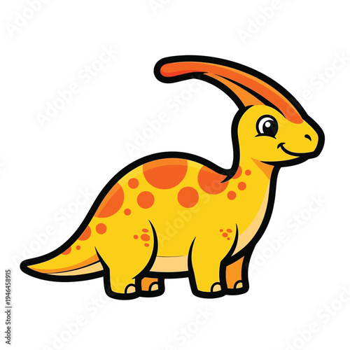 Joyful yellow cartoon Parasaurolophus dinosaur with vibrant orange spots, smiling with a prominent crest, depicted in a cute, friendly, and clean graphic style for children's themes.