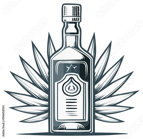 Decorative bottle of alcoholic beverage with agave leaves behind it, retro style liquid packaging