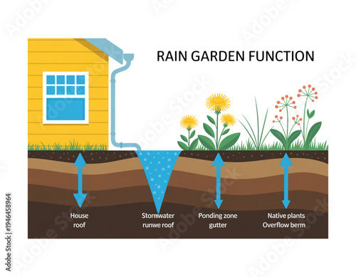 A detailed illustration of a rain garden function with a house and native plants on transparent background