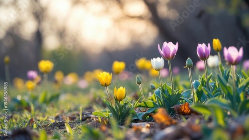 Vibrant tulips blooming in sunlit spring meadow.