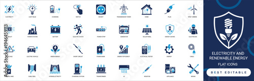 Electricity and Renewable Energy Solid Icon Set. Solar, Wind, Green, Power, Battery, Eco. Editable Vector Illustration