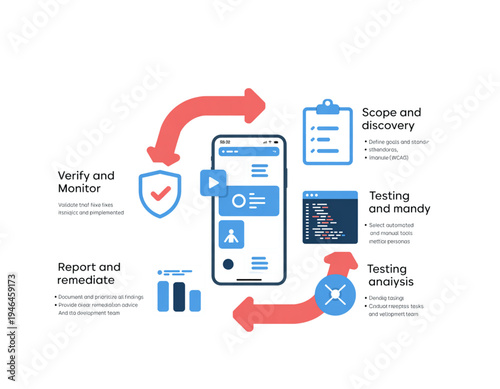 A vector graphic illustrating a mobile device with a security and testing process flowchart on a transparent background