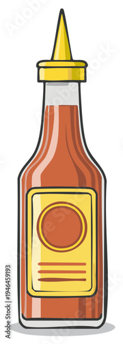 Tomato Ketchup Bottle Illustration: Condiment in Container with Dispenser Cap and Label.