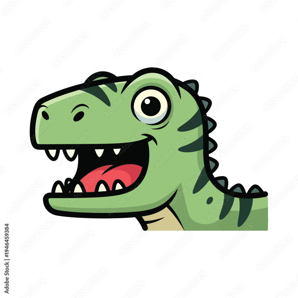 Fototapeta premium Joyful cartoon Tyrannosaurus Rex head with an open mouth and big eyes, a friendly prehistoric creature in a fun, stylized artistic design, perfect for children's themes and educational conte