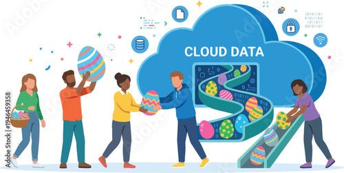 Diverse team collaborating to upload colorful Easter eggs into a cloud data storage system, symbolizing digital transformation and festive data management vector illustration