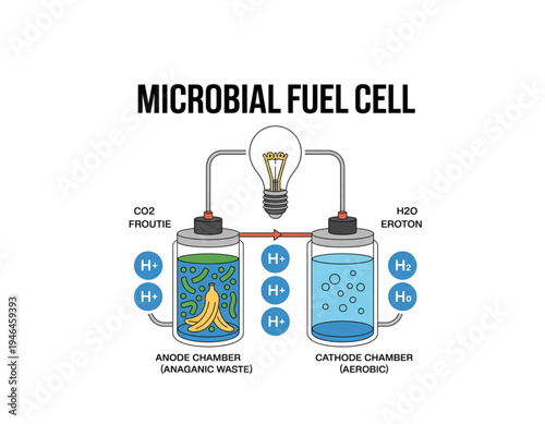 A detailed illustration of a microbial fuel cell on transparent background